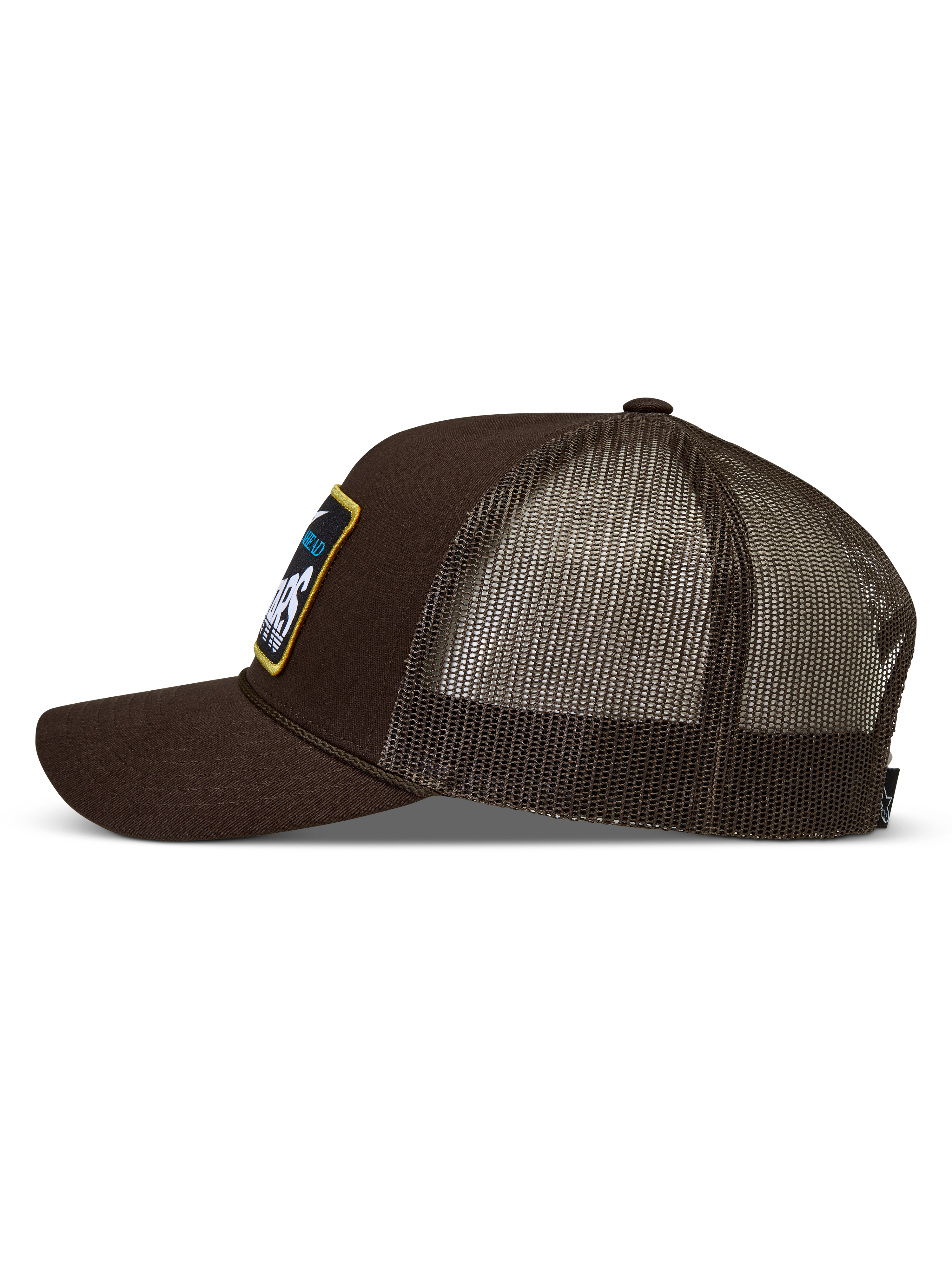 Alpinestars Hemmings Trucker Hat, Brown Unisex Sportswear Mesh Cap with a curved bill and woven logo patch.