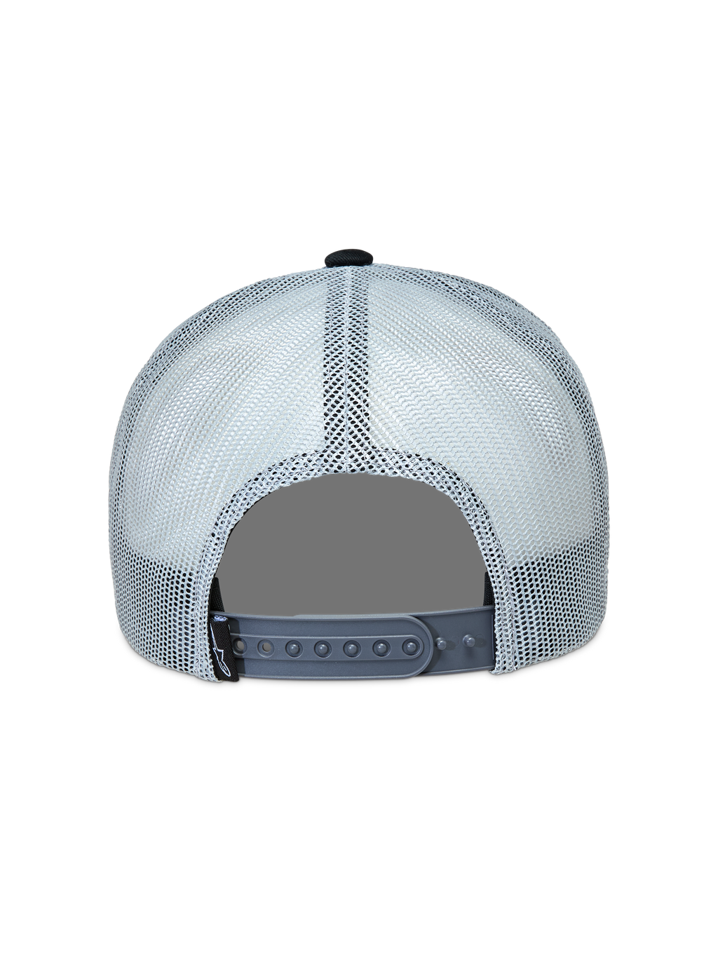 Alpinestars Gravel Trucker Hat, Gray and Black, back view featuring breathable mesh and adjustable snapback.