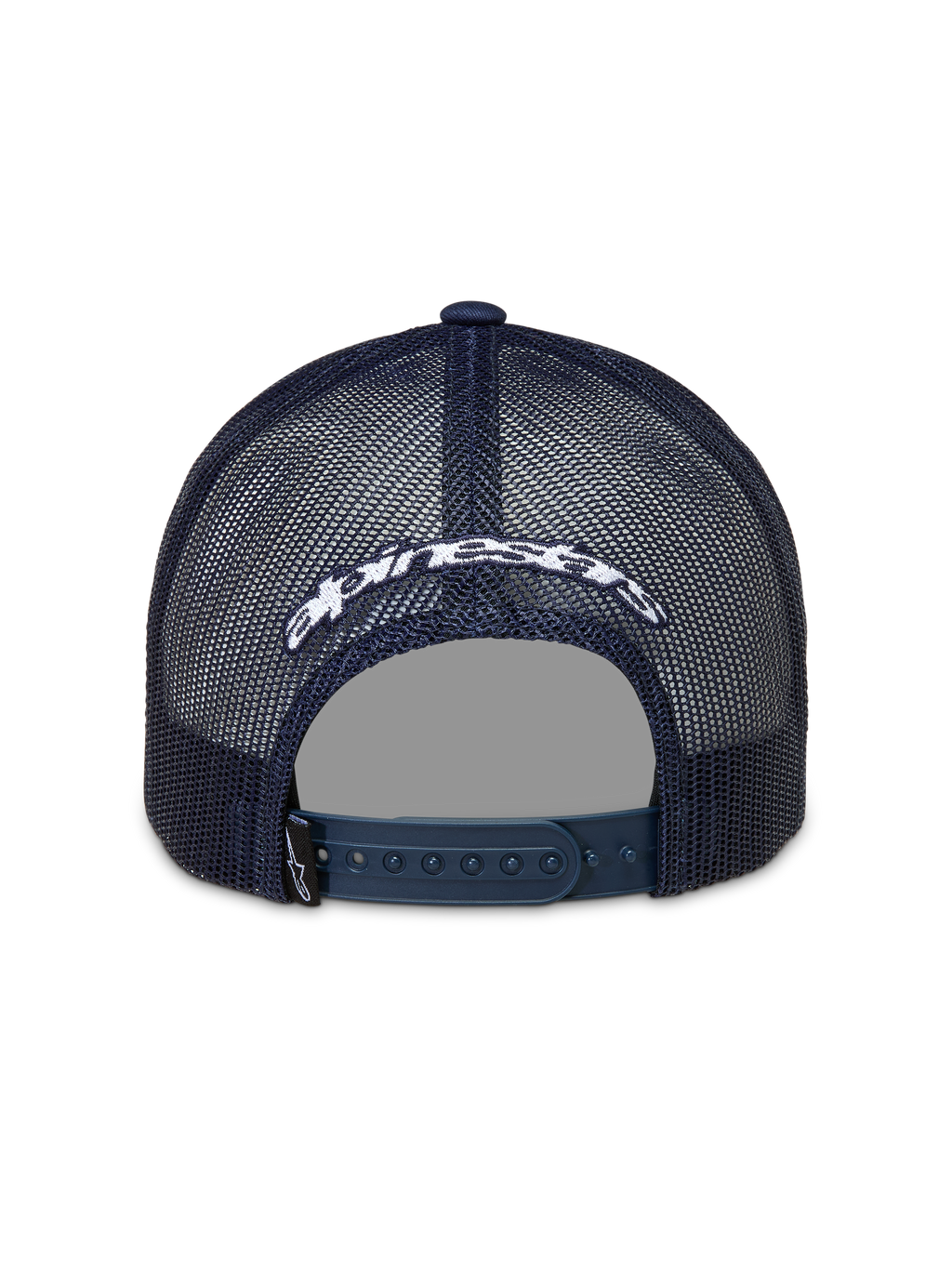 Alpinestars Meteorite Trucker Hat, Navy Blue mesh back sportswear cap with white embroidered logo and snapback closure.