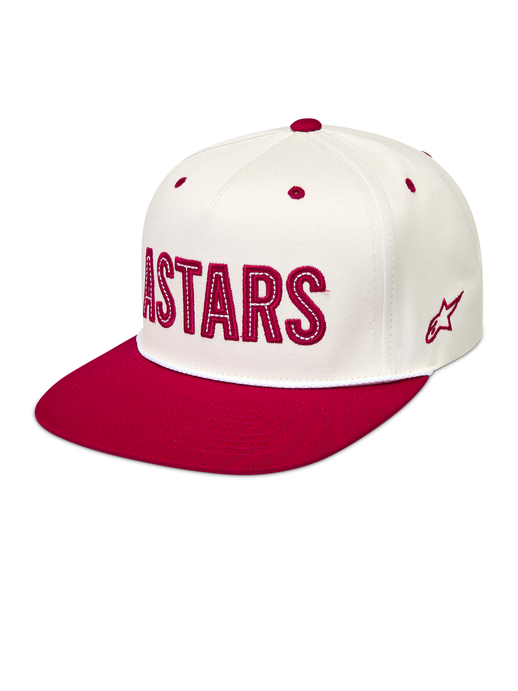 Alpinestars Stadium Snapback Hat, off-white and red flat bill cap with structured crown and Astars logo applique.