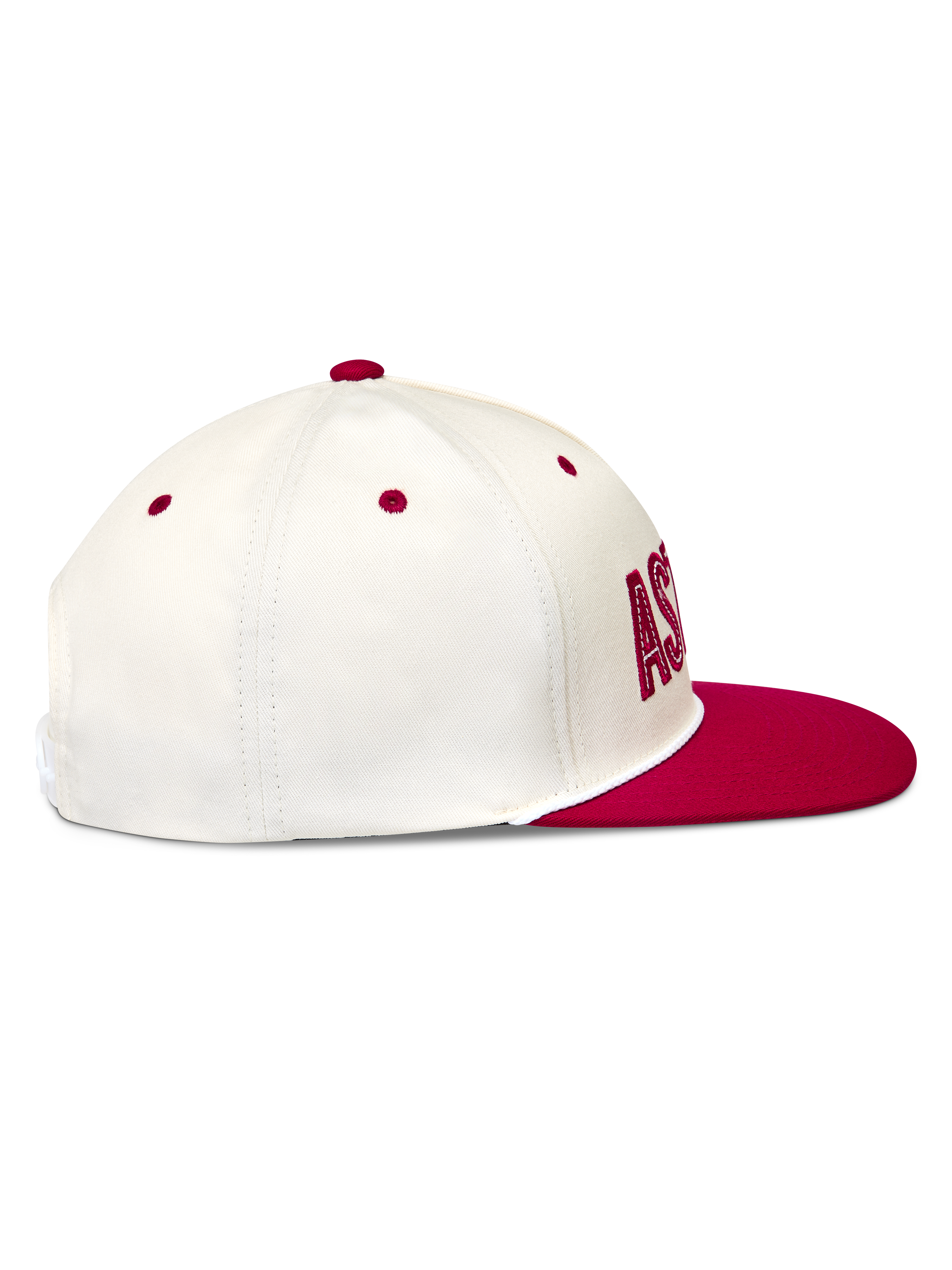 Alpinestars Stadium Snapback Hat, Sportswear Cap with Flat Bill and Structured Crown, Off-White and Red, side profile featuring twill fabric.