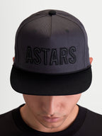 Alpinestars Stadium Snapback Hat, Motorsport-inspired Sportswear Cap, Unisex, Dark Gray and Black, features a flat bill and structured crown with embroidered ASTARS logo and contrast running stitch, made from durable cotton twill.
