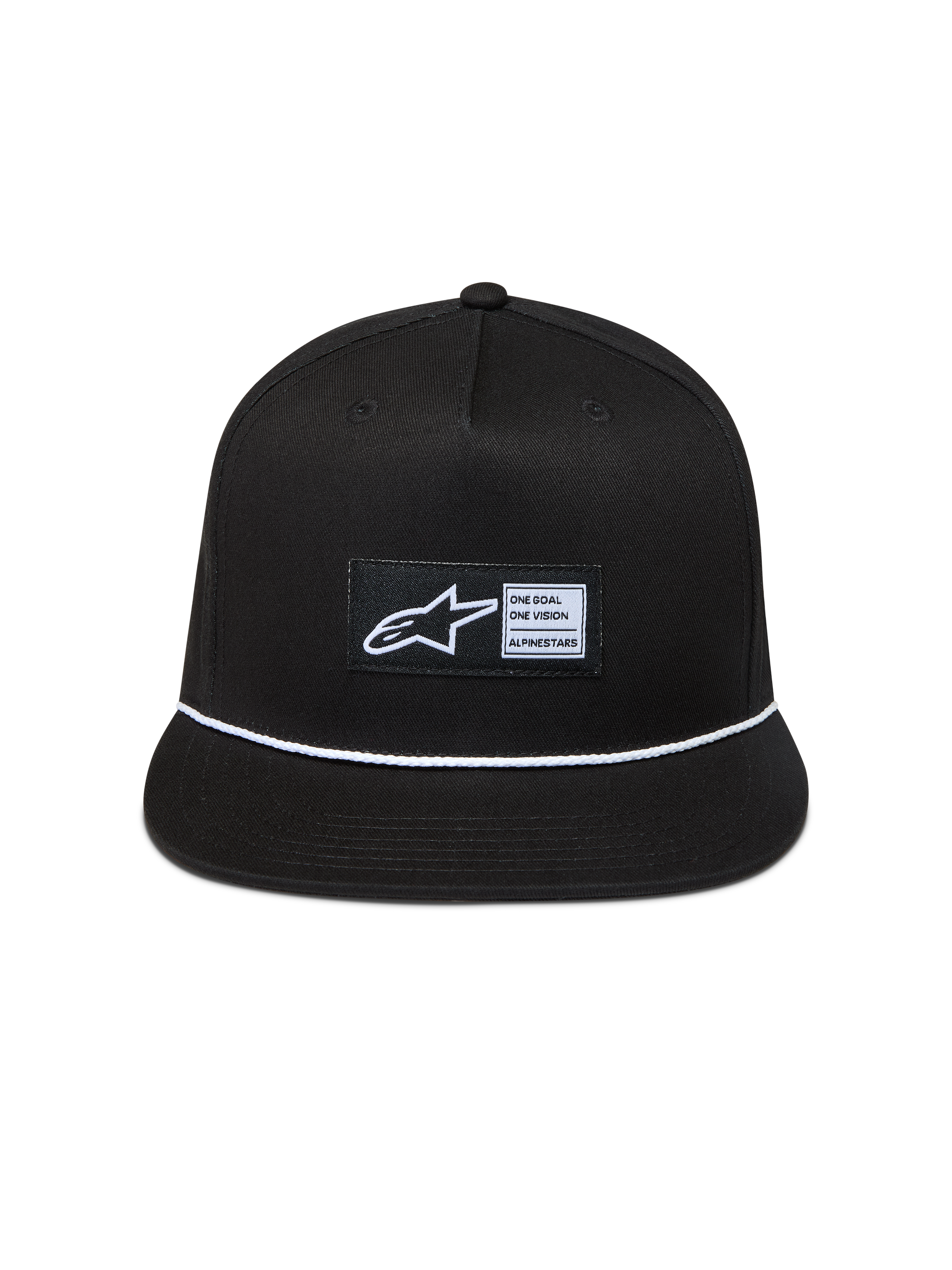 Alpinestars Label Snapback Hat, Black Twill Sportswear Cap with Flat Bill, White Braided Rope, and Woven Astars Logo.