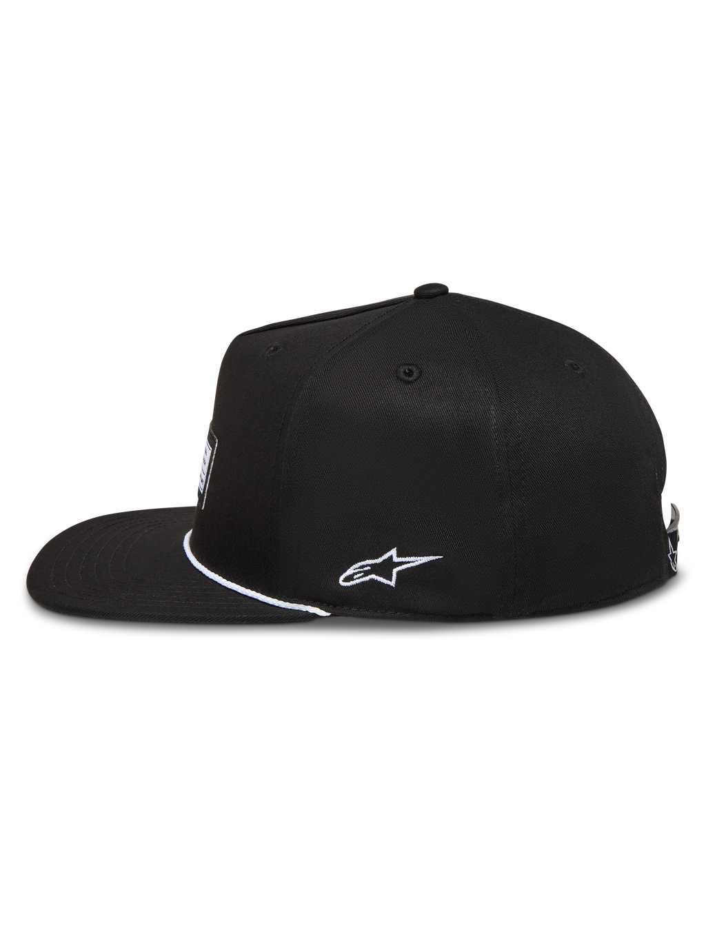 Alpinestars Label Snapback Hat, black twill flat bill sportswear cap with white side embroidery and front label.