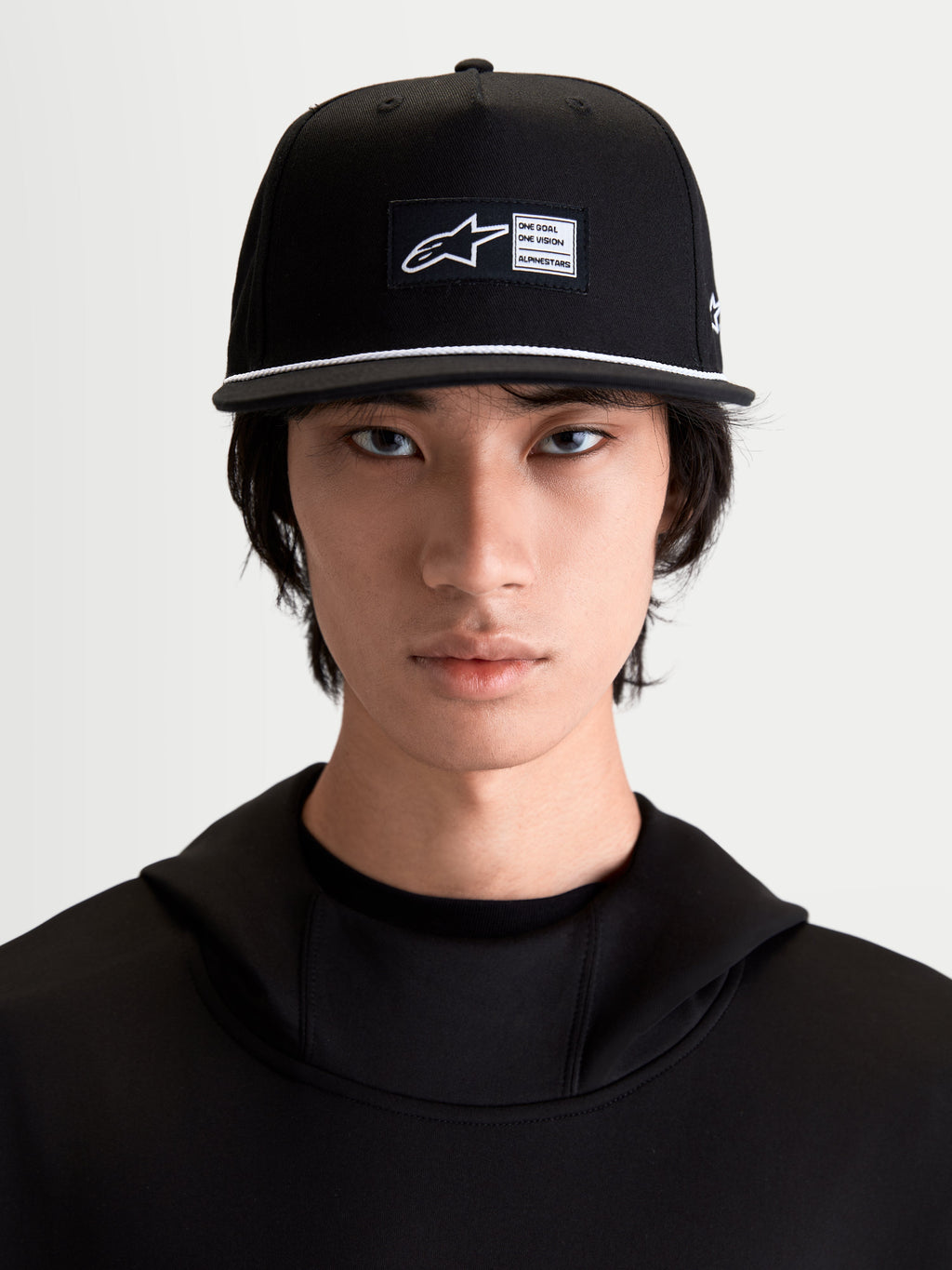 Alpinestars Label Snapback Hat, Black and White Sportswear Cap, flat bill with white rope detail, woven front label, cotton twill, on-model.