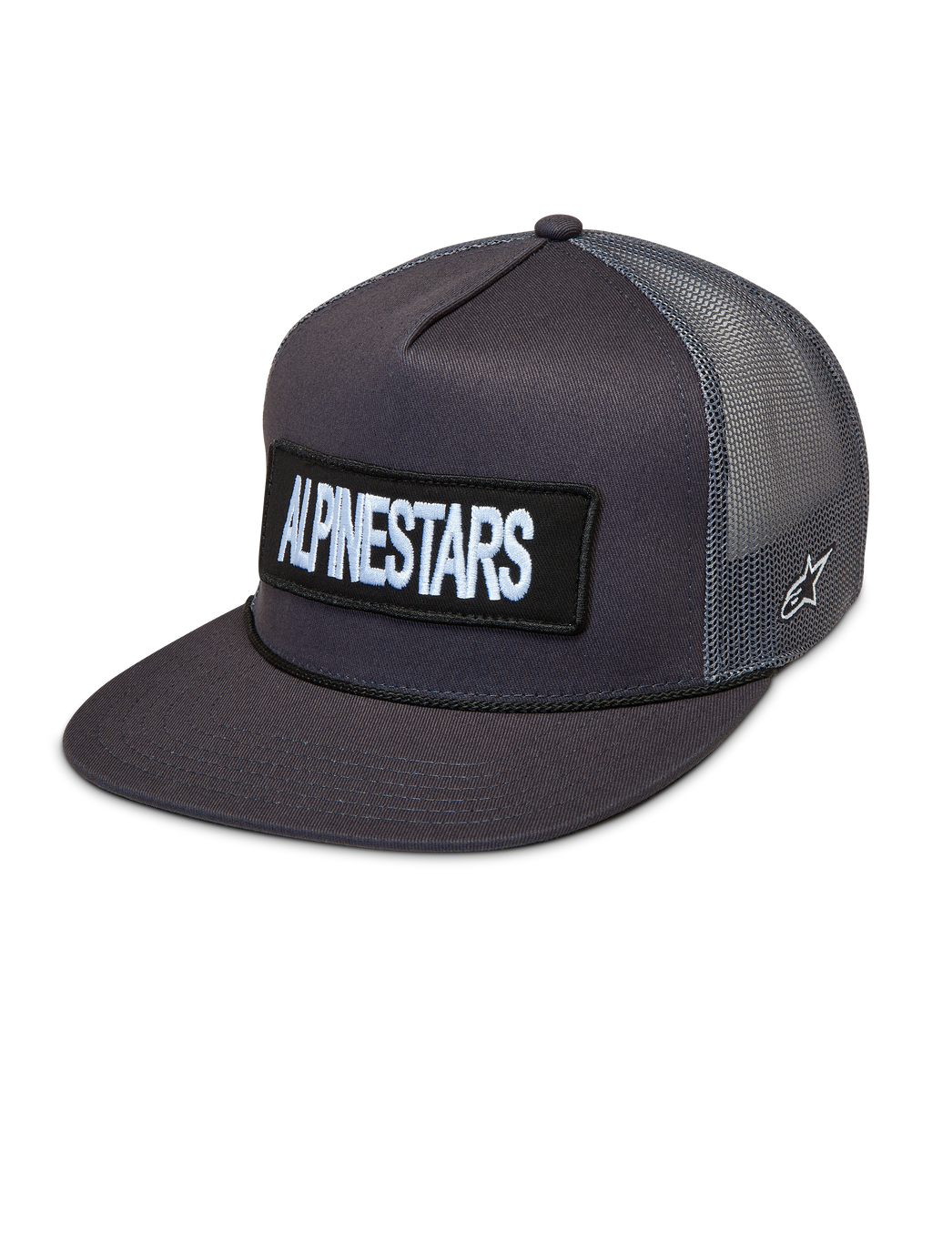 Alpinestars Ten Trucker Hat in dark grey, featuring a flat bill, front embroidered logo patch, and breathable mesh back panels.