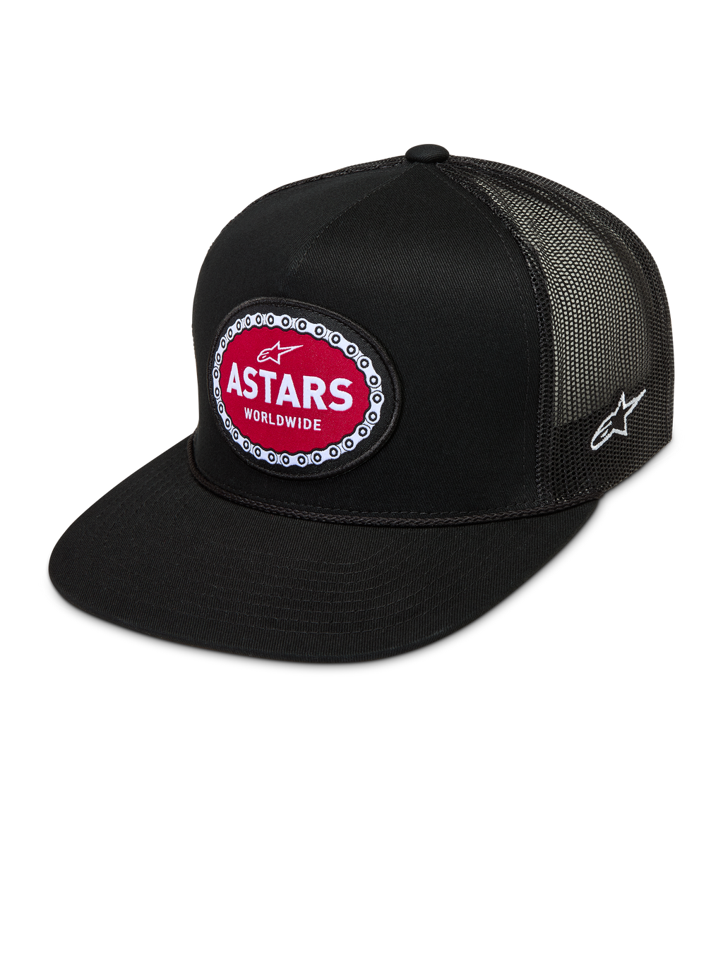 Alpinestars Hotlink Trucker Hat, black sportswear mesh cap with a flat bill and red Astars Worldwide woven patch.