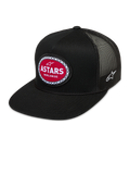 Alpinestars Hotlink Trucker Hat, black sportswear mesh cap with a flat bill and red Astars Worldwide woven patch.
