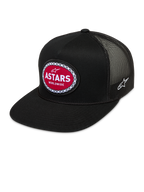Alpinestars Hotlink Trucker Hat, black sportswear mesh cap with a flat bill and red Astars Worldwide woven patch.