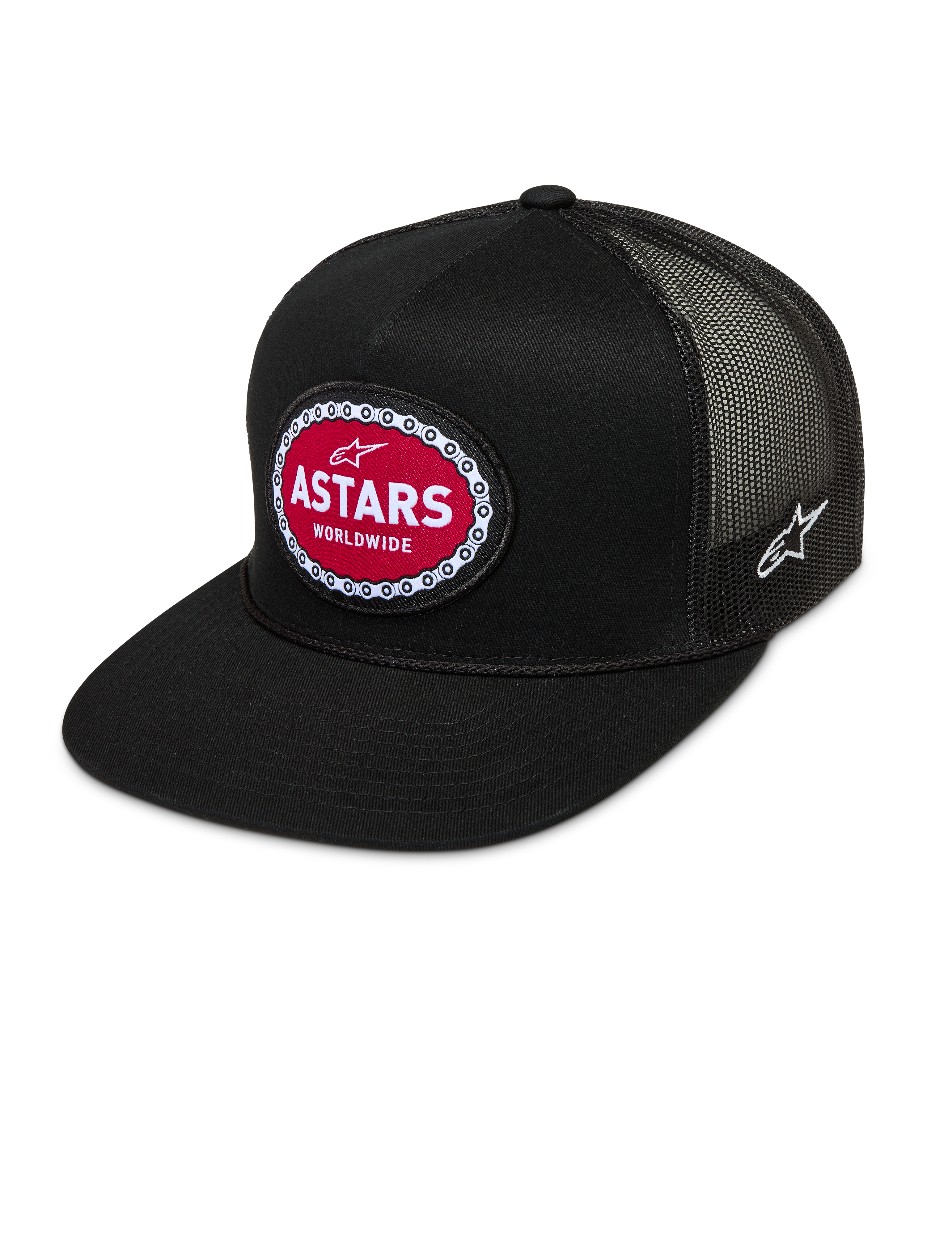 Alpinestars Hotlink Trucker Hat, black sportswear mesh cap with a flat bill and red Astars Worldwide woven patch.