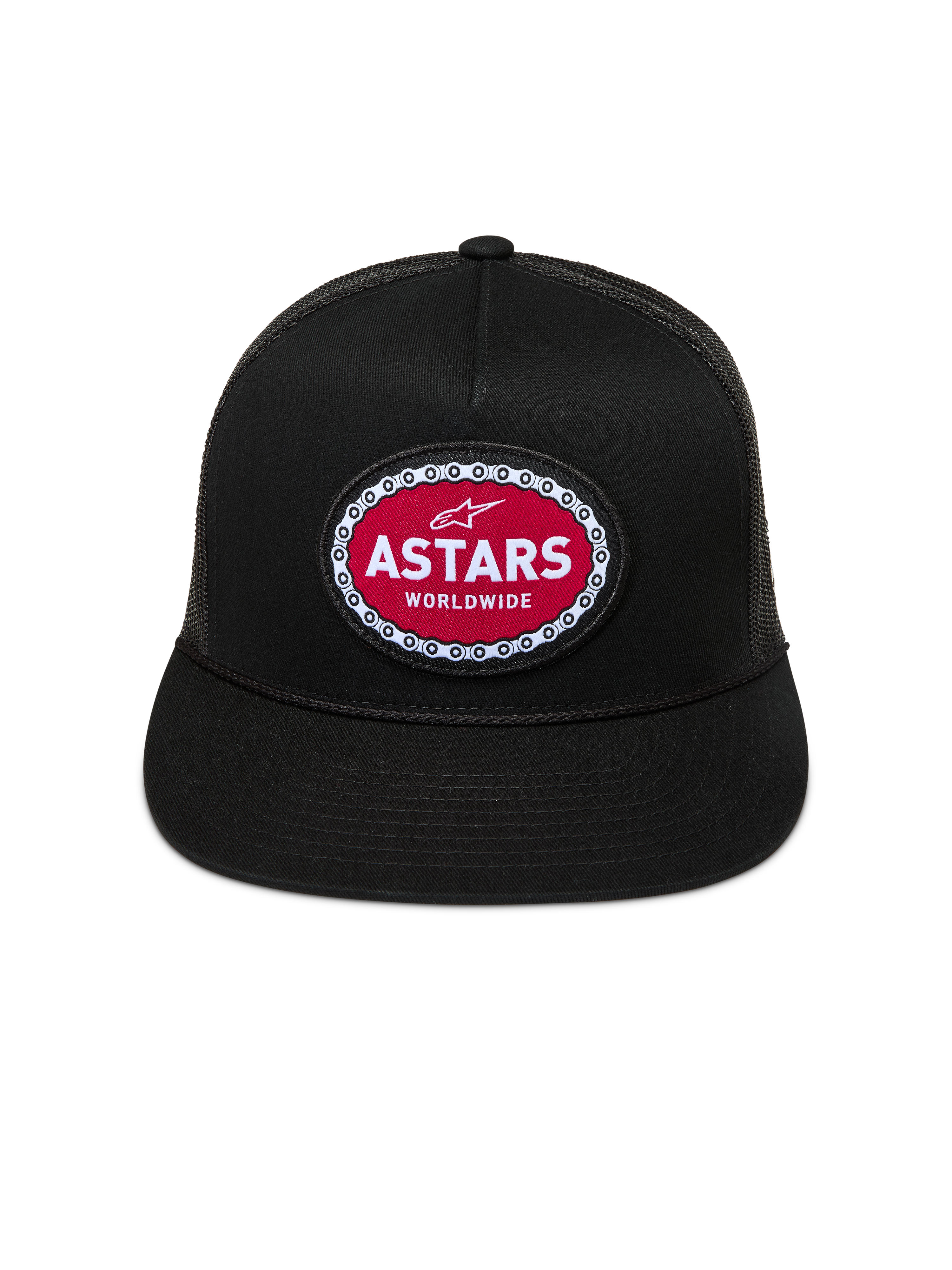 Alpinestars Hotlink Trucker Hat, Black Sportswear Snapback with Flat Bill and Red Woven Logo Patch.