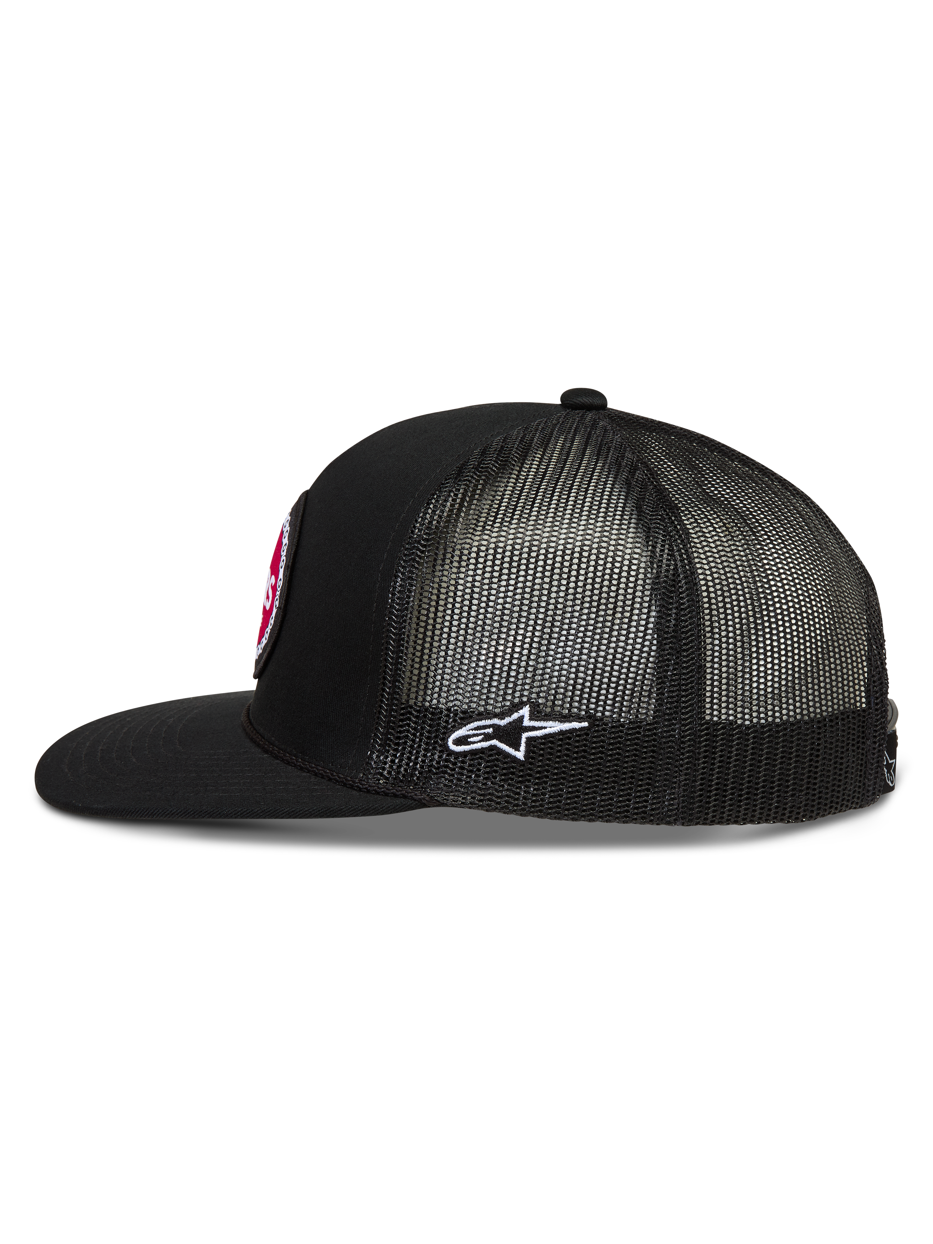 Alpinestars Hotlink Trucker Hat, black mesh sportswear cap with a flat bill, structured twill crown and side logo.