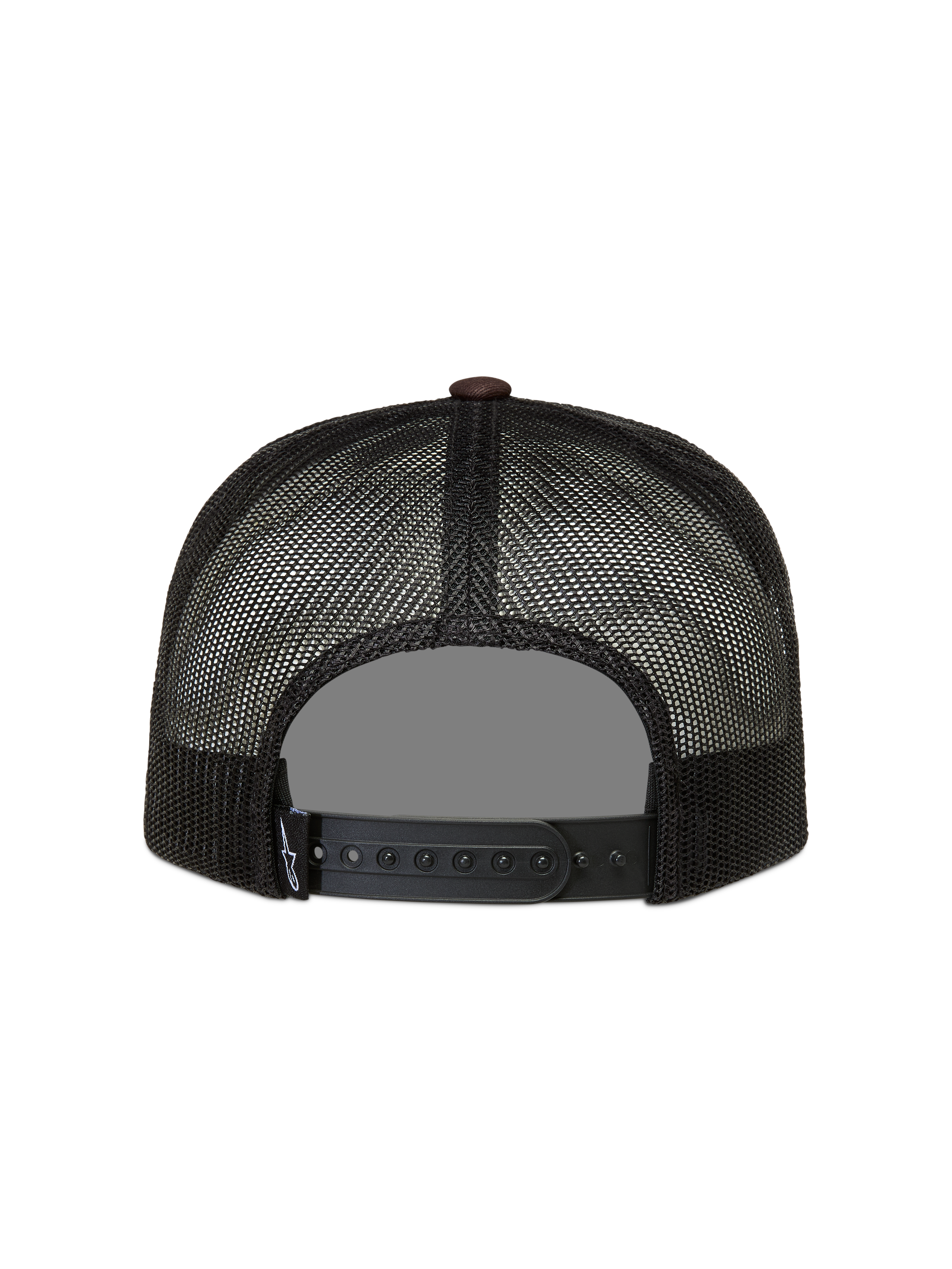 Alpinestars Hotlink Trucker Hat, black and brown mesh sportswear cap with adjustable snapback closure.