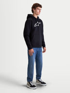 Alpinestars Ageless V3 Hoodie, Men's Sportswear Pullover, Black and White, featuring a large white embroidered logo on the chest, soft fleece construction, self-lined hood with drawcords, and front pouch pocket. Designed for casual everyday comfort for motorsport enthusiasts.