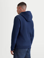 Alpinestars Ageless V3 Hoodie, Sportswear Lifestyle Pullover, Men's Navy Blue Fleece Hoodie, Back View showing Self-Lined Hood and Ribbed Cuffs, 80% Cotton and 20% Recycled Polyester Blend.