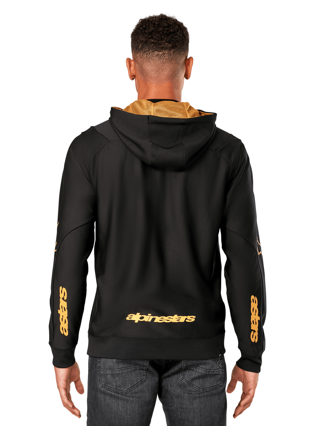 Alpinestars Sessions V3 Hoodie, back view, black with gold branding, gold 'alpinestars' wordmark on the lower back and 'astars' on the forearms, gold mesh-lined hood, casual motorsport-inspired streetwear