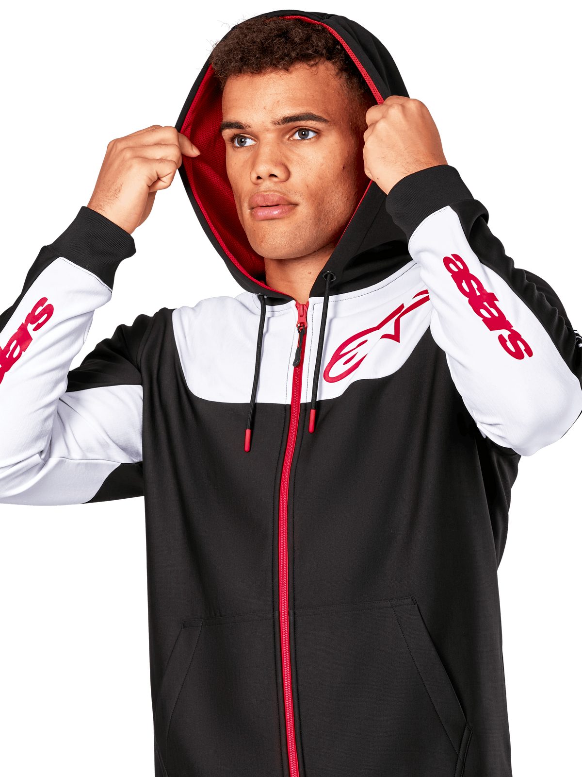 Alpinestars Sessions V3 Hoodie, Black White and Red, zip-front hoodie worn by a man with the hood up, featuring red Alpinestars logos on the chest and sleeves, casual motorsport streetwear