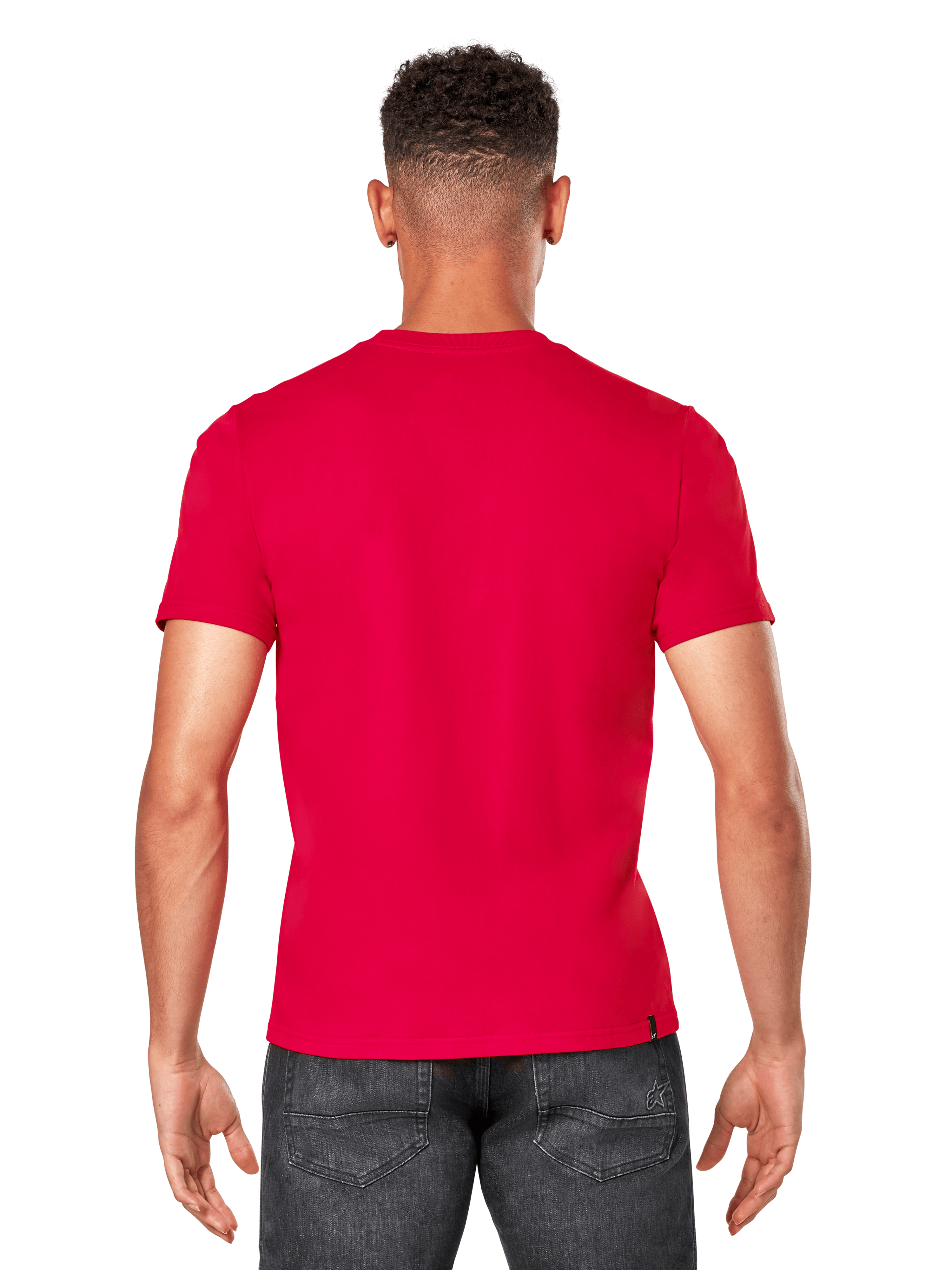 Alpinestars Elliptic CSF Tee, Short Sleeve T-Shirt, Red, Back View, worn with dark jeans, casual motorsport streetwear
