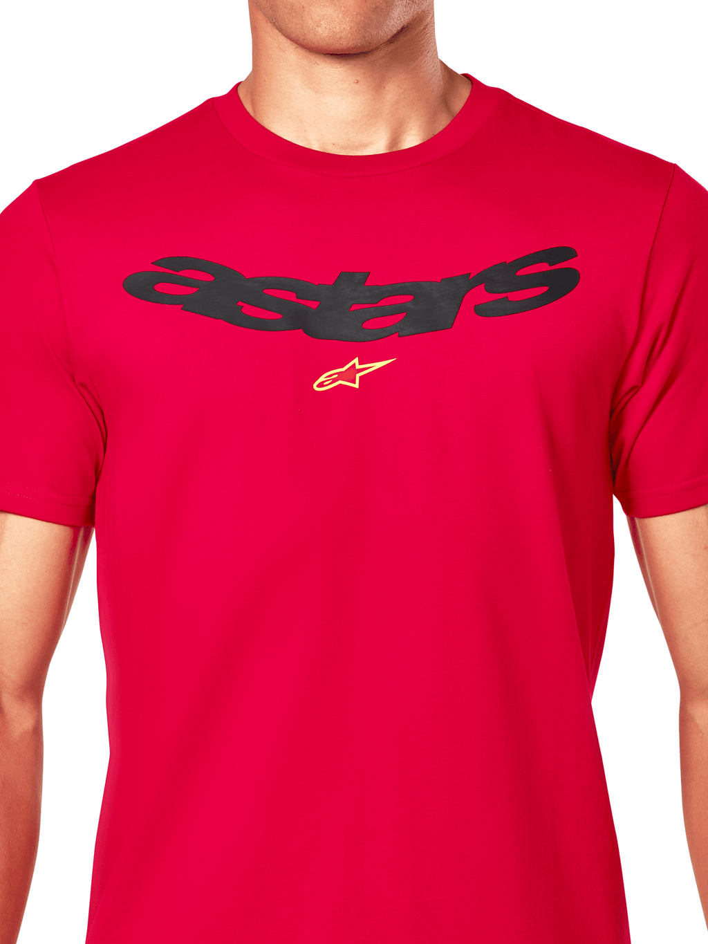 Alpinestars Elliptic CSF Tee, Short Sleeve T-Shirt, Red, Arched Black Astars Text Logo and Yellow Symbol on Chest, Casual Motorsport Streetwear
