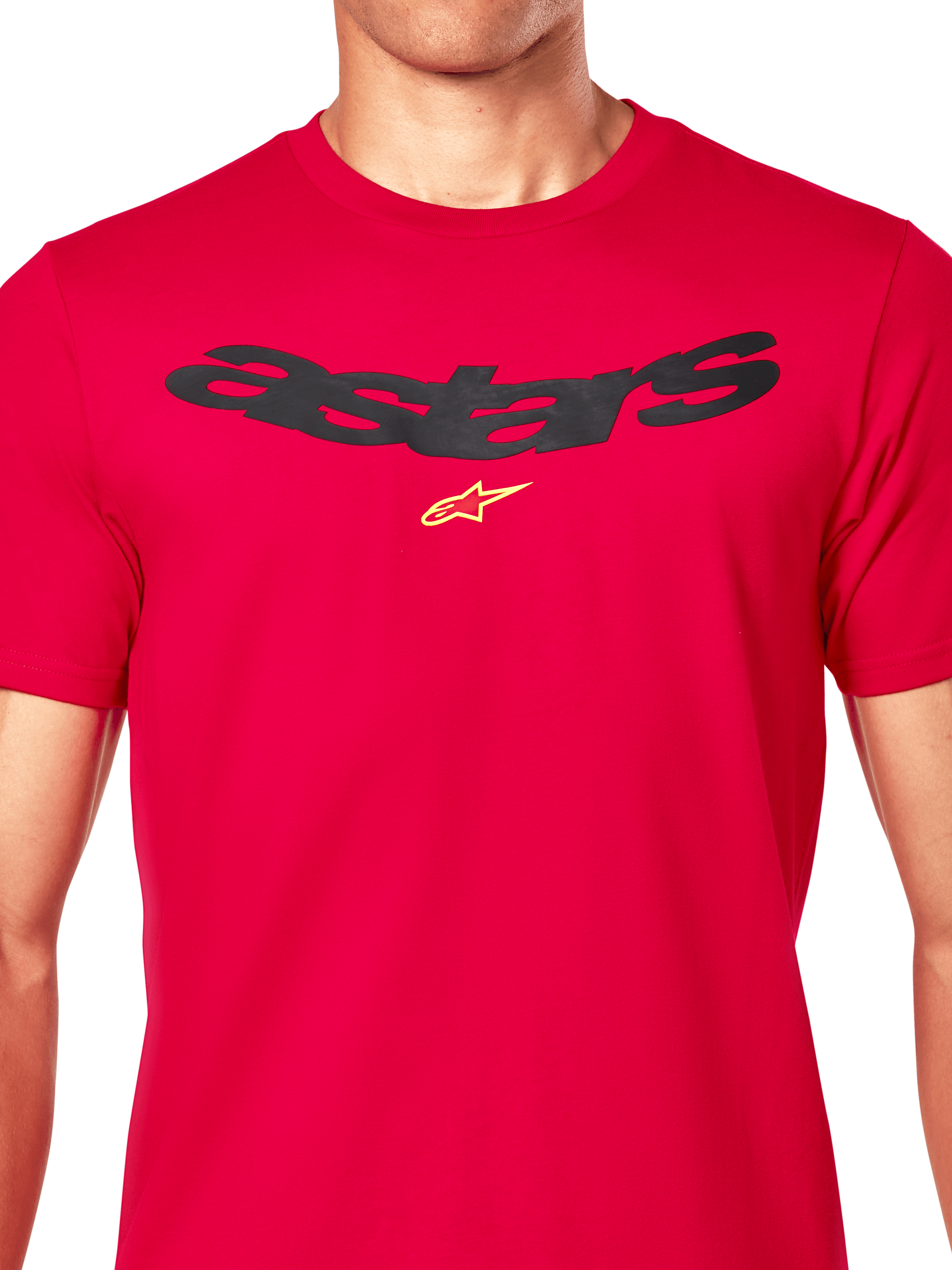 Alpinestars Elliptic CSF Tee, Short Sleeve T-Shirt, Red, Arched Black Astars Text Logo and Yellow Symbol on Chest, Casual Motorsport Streetwear