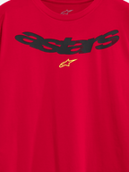Alpinestars Elliptic CSF Tee, close-up of chest area on Red Short Sleeve T-Shirt, Dark Gray Arched Astars Logo and Yellow Star Symbol, detail of Soft Hand Print