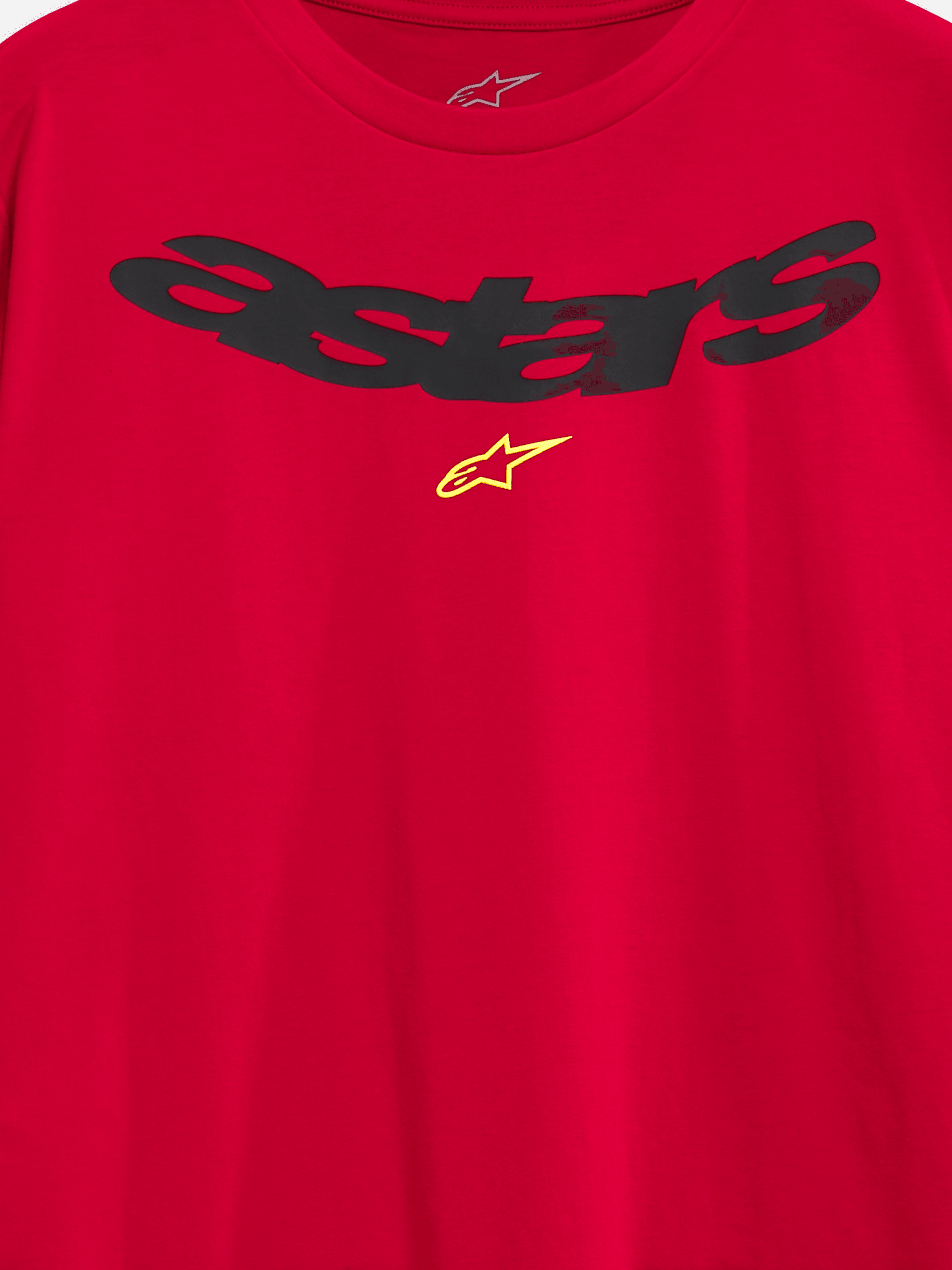 Alpinestars Elliptic CSF Tee, close-up of chest area on Red Short Sleeve T-Shirt, Dark Gray Arched Astars Logo and Yellow Star Symbol, detail of Soft Hand Print