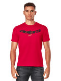 Alpinestars Elliptic CSF Tee, Red Short Sleeve T-Shirt worn by a male model, featuring a black arched Astars logo and yellow star symbol on the chest, casual motorsport streetwear