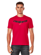 Alpinestars Elliptic CSF Tee, Red Short Sleeve T-Shirt worn by a male model, featuring a black arched Astars logo and yellow star symbol on the chest, casual motorsport streetwear