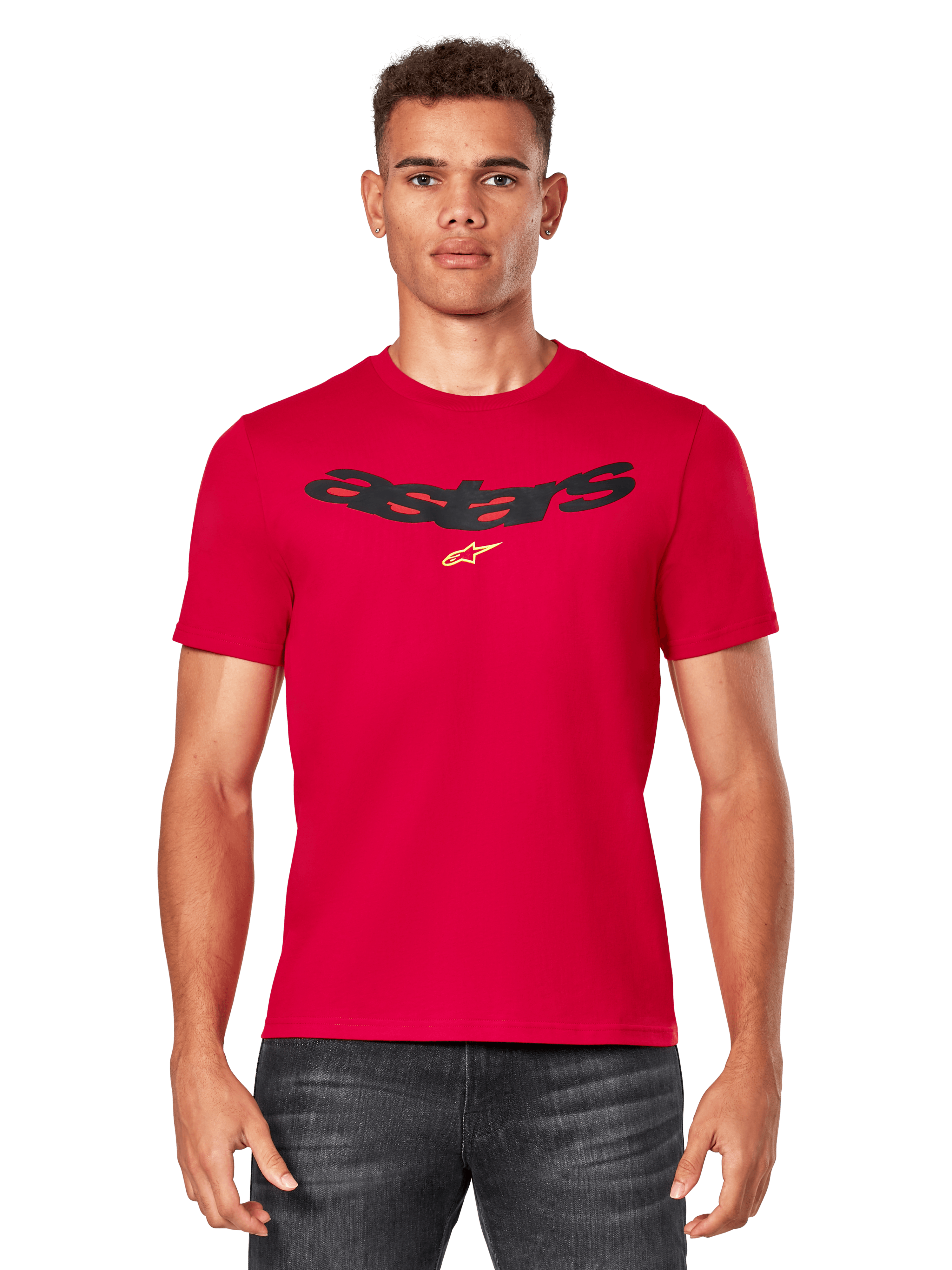 Alpinestars Elliptic CSF Tee, Red Short Sleeve T-Shirt worn by a male model, featuring a black arched Astars logo and yellow star symbol on the chest, casual motorsport streetwear