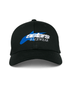 Alpinestars Profile Hat, Black baseball cap, featuring a blue star graphic with white 3D embroidered 'astars RACEWEAR' logo, structured crown and curved bill, casual motorsport headwear