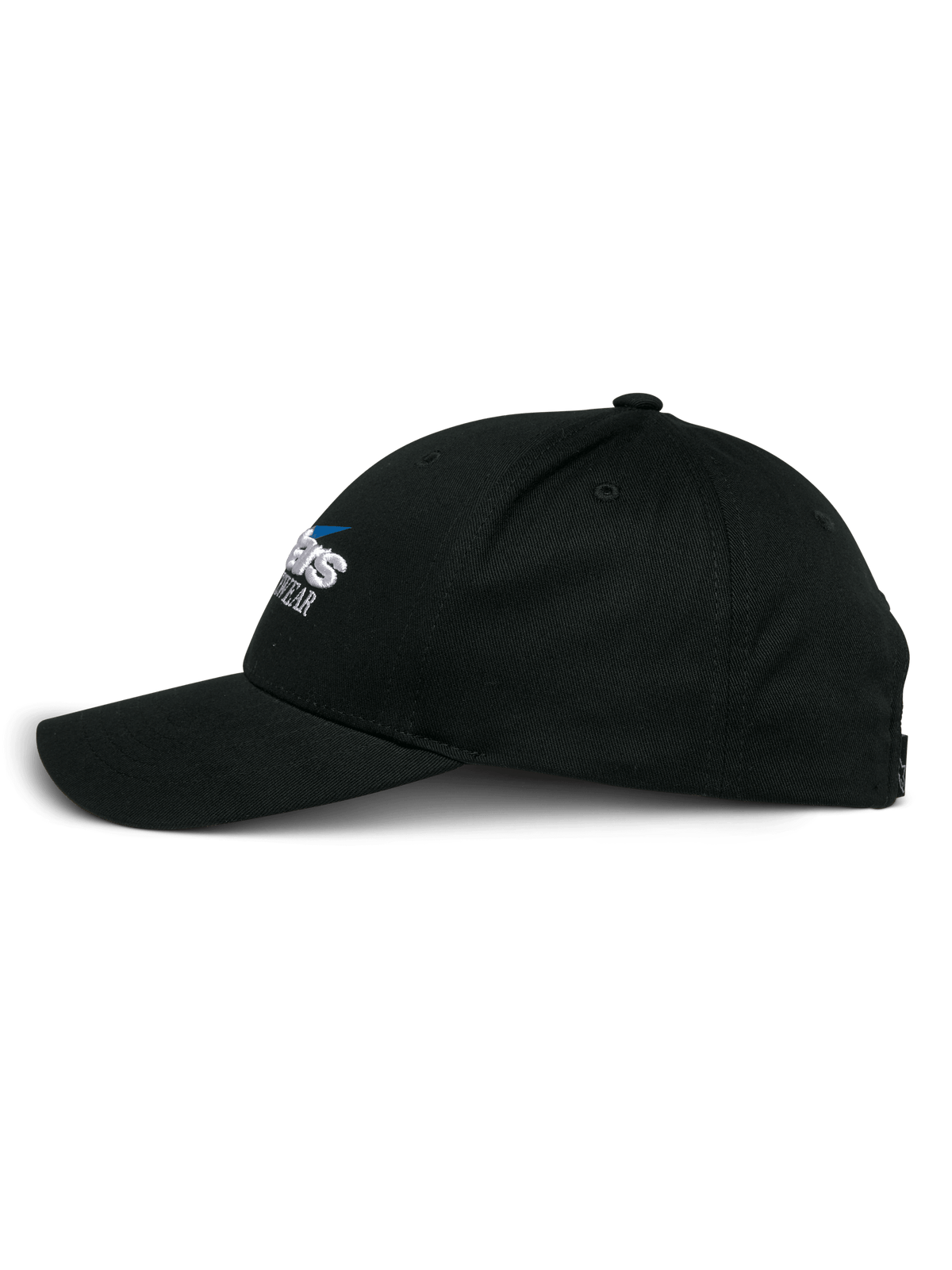 Alpinestars Profile Hat, Snapback Cap, Black, side profile view, structured crown with curved bill, embroidered Alpinestars logo, casual motorsport-inspired headwear