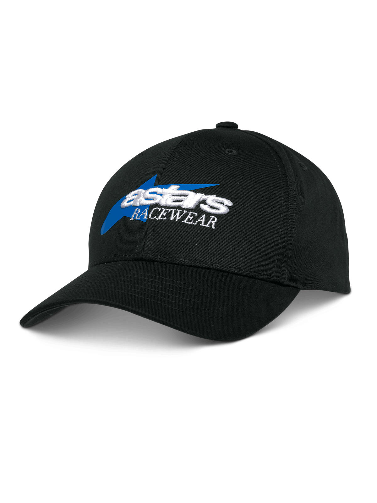 Alpinestars Profile Hat, Black Baseball Cap, Blue and White Astars Racewear Embroidery, Structured Crown with Curved Bill, Casual Motorsports Headwear