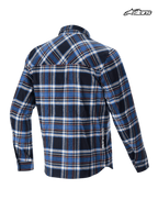 Alpinestars Whistler Wind Block Plaid Shirt, mountain biking casual shirt, blue and black plaid pattern, rear view showing wind-resistant construction and subtle Alpinestars branding on the lower hem