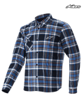 Alpinestars Whistler Wind Block Plaid Shirt, mountain bike cycling shirt, blue and black plaid pattern, long sleeve wind-resistant design with front button closure and chest pocket