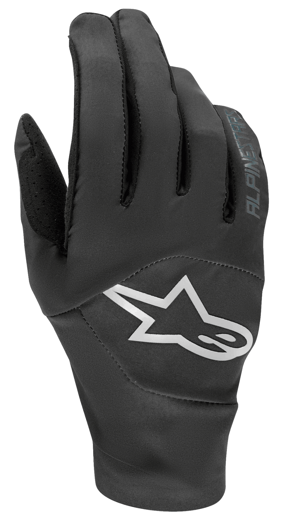 Alpinestars Drop 4.0 Gloves, Mountain Bike Gloves, Black, featuring a large white star logo on the backhand, breathable stretch mesh construction, and sleek ergonomic design for enduro riding