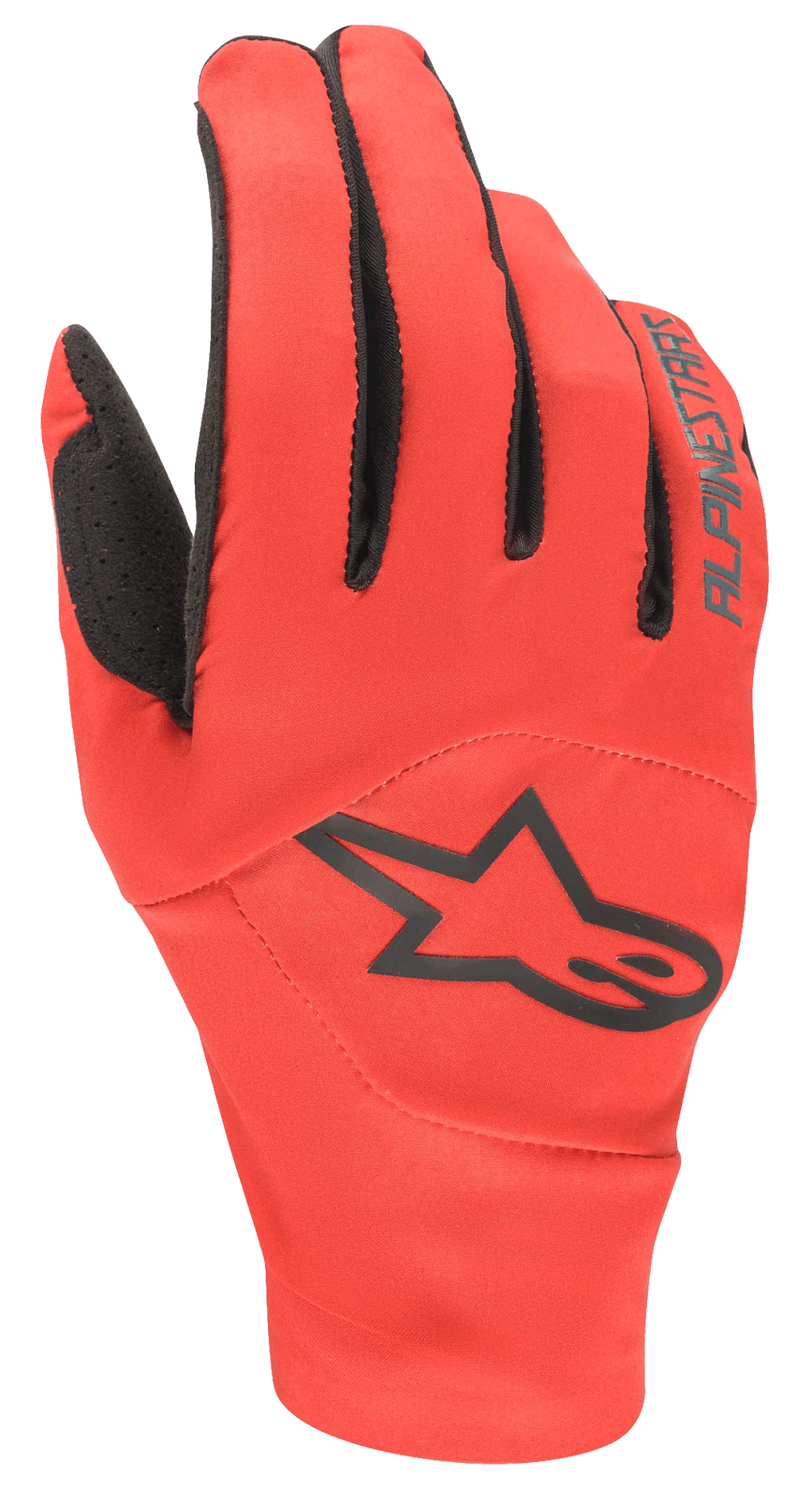 Alpinestars Drop 4.0 Gloves, Red MTB Mountain Biking Gloves, backhand view featuring a large black star logo and brand name, constructed from breathable stretch fabric for enduro performance