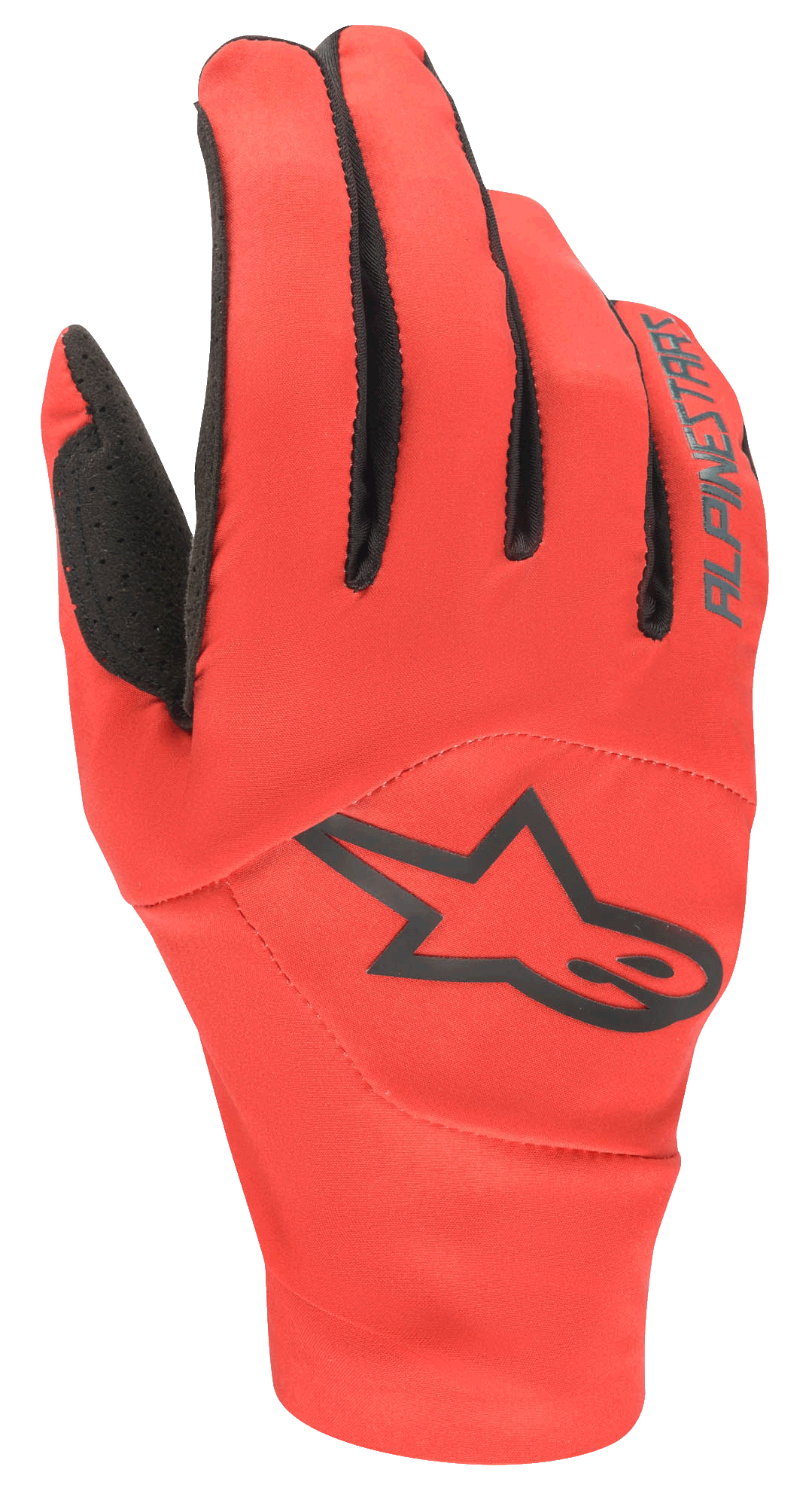 Alpinestars Drop 4.0 Gloves, Red MTB Mountain Biking Gloves, backhand view featuring a large black star logo and brand name, constructed from breathable stretch fabric for enduro performance