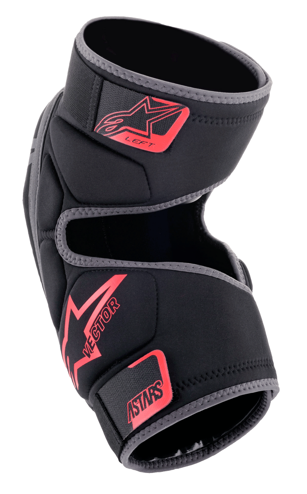 Alpinestars Vector Knee Protectors, MTB Knee Guards, Black Anthracite and Red, featuring red Alpinestars and Vector branding, hook and loop straps, anatomical compression fit for mountain biking and off-road riding