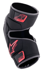 Alpinestars Vector Knee Protectors, MTB Knee Guards, Black Anthracite and Red, featuring red Alpinestars and Vector branding, hook and loop straps, anatomical compression fit for mountain biking and off-road riding