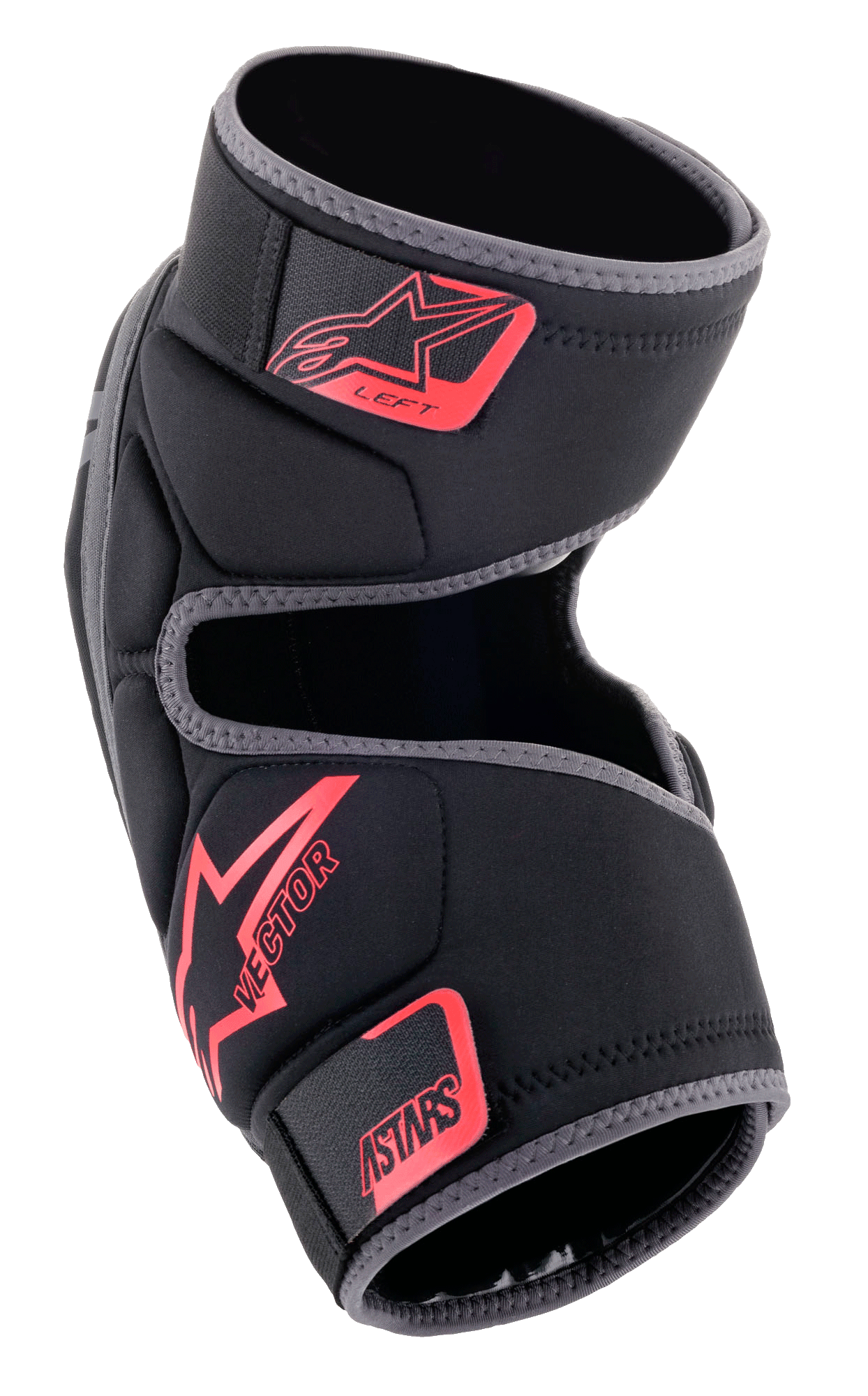 Alpinestars Vector Knee Protectors, MTB Knee Guards, Black Anthracite and Red, featuring red Alpinestars and Vector branding, hook and loop straps, anatomical compression fit for mountain biking and off-road riding
