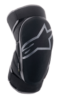 Alpinestars Vector Knee Protectors, MTB protection gear, black and anthracite gray, featuring a large gray star logo, segmented side padding, and adjustable straps for off-road cycling