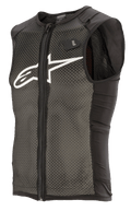 Alpinestars Paragon Plus Protection Vest, Black and White, Lightweight MTB protective vest with sleeveless design, full front zipper, textured stretch mesh main construction, solid black side panels, white logo on chest, and H2O hydration system tag.