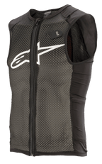 Alpinestars Paragon Plus Protection Vest, Black and White, Lightweight MTB protective vest with sleeveless design, full front zipper, textured stretch mesh main construction, solid black side panels, white logo on chest, and H2O hydration system tag.