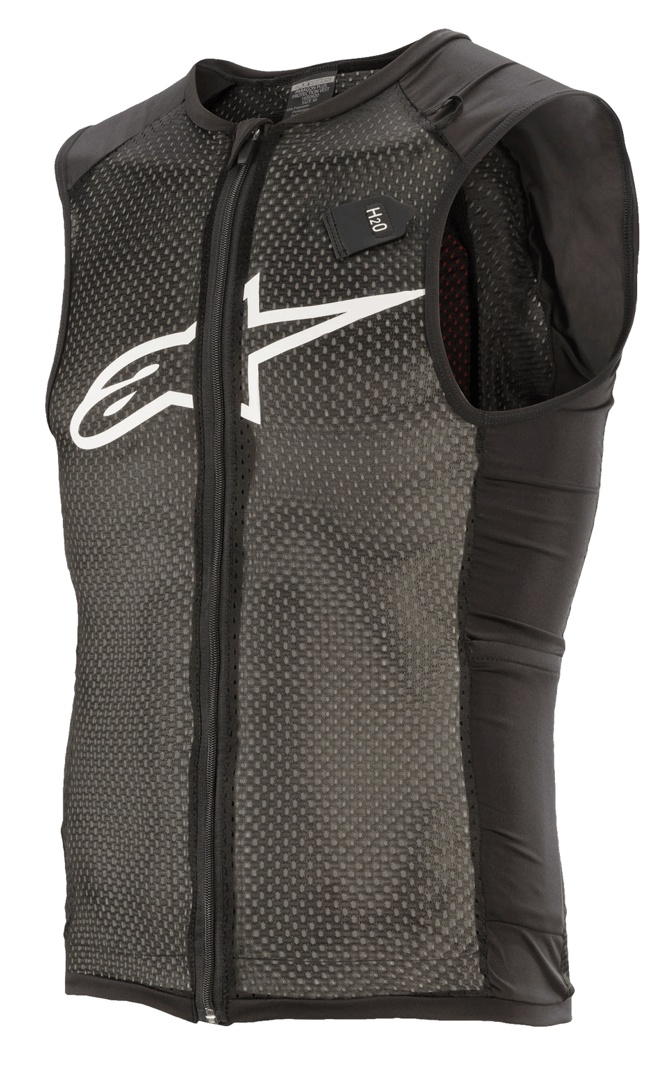 Alpinestars Paragon Plus Protection Vest, Black and White, Lightweight MTB protective vest with sleeveless design, full front zipper, textured stretch mesh main construction, solid black side panels, white logo on chest, and H2O hydration system tag.