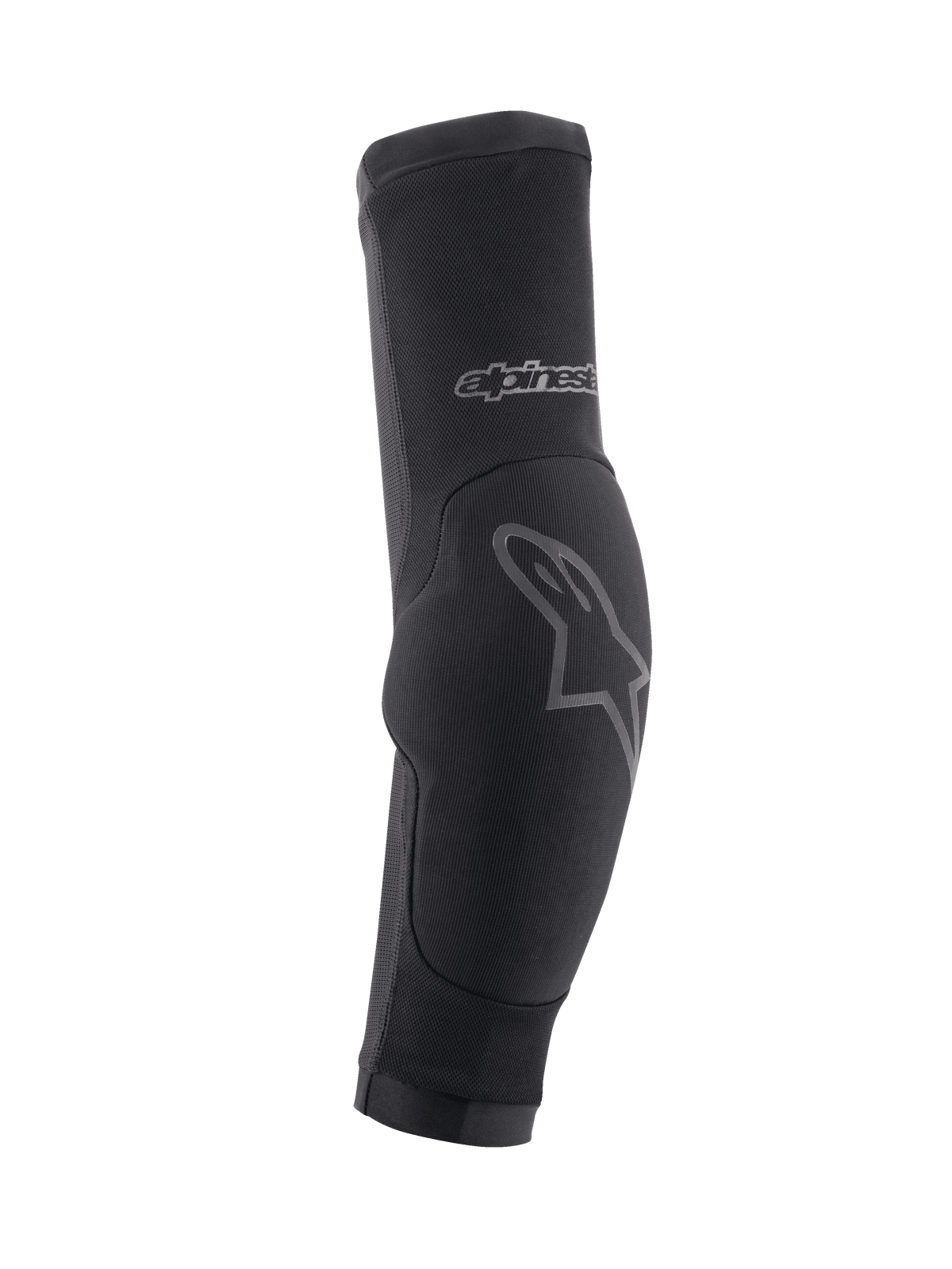 Alpinestars Paragon Plus Elbow Protectors, MTB Elbow Guards, Black with grey logo accents, slip-on sleeve design featuring a padded elbow section and breathable mesh material, protective gear for off-road cycling