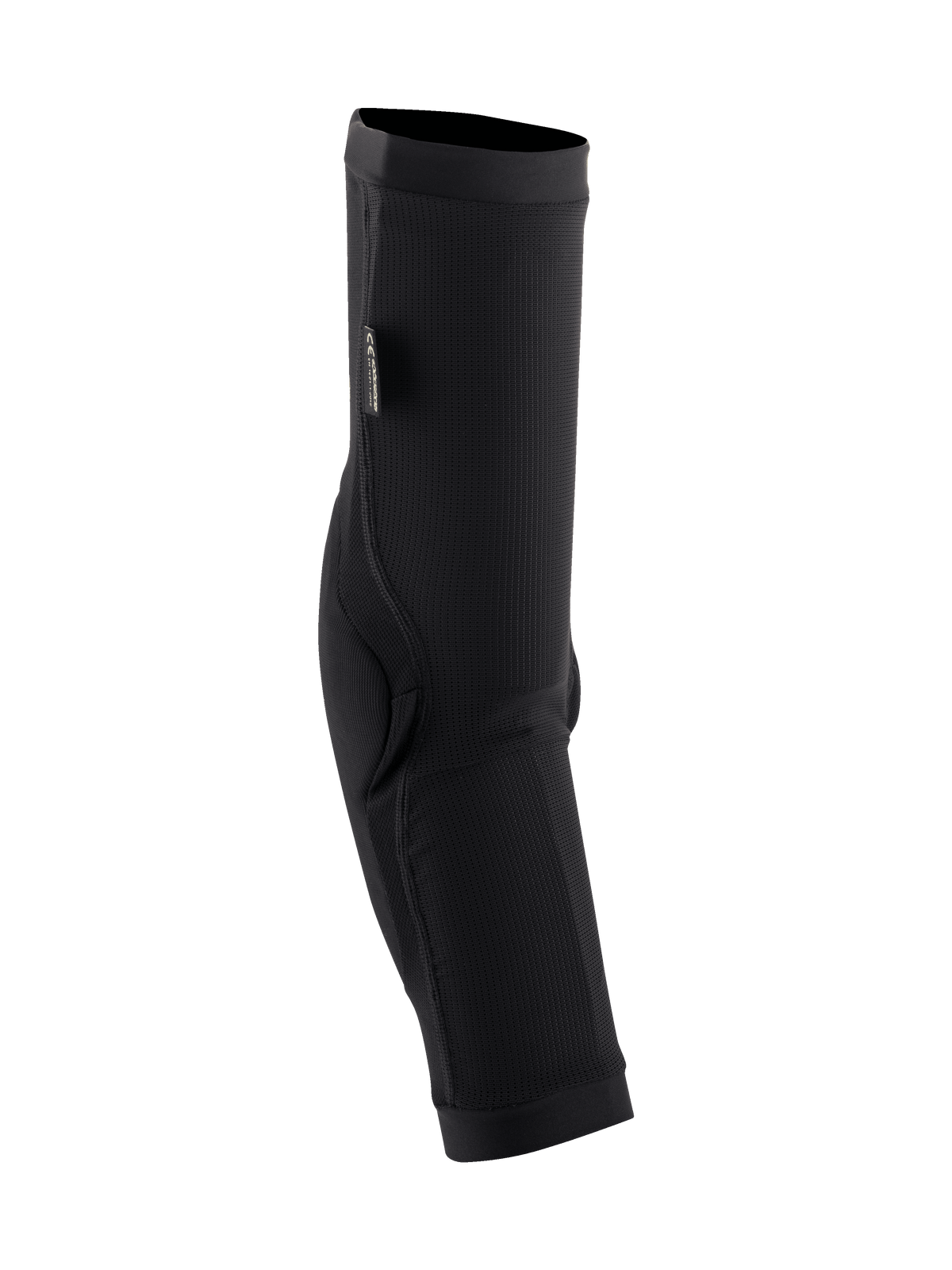 Alpinestars Paragon Plus Elbow Protectors, MTB Elbow Guards, Black, slip-on sleeve design featuring breathable mesh and reinforced elbow padding, CE certification tag, streamlined protective gear for mountain biking