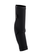 Alpinestars Paragon Plus Elbow Protectors, MTB Elbow Guards, Black, slip-on sleeve design featuring breathable mesh and reinforced elbow padding, CE certification tag, streamlined protective gear for mountain biking