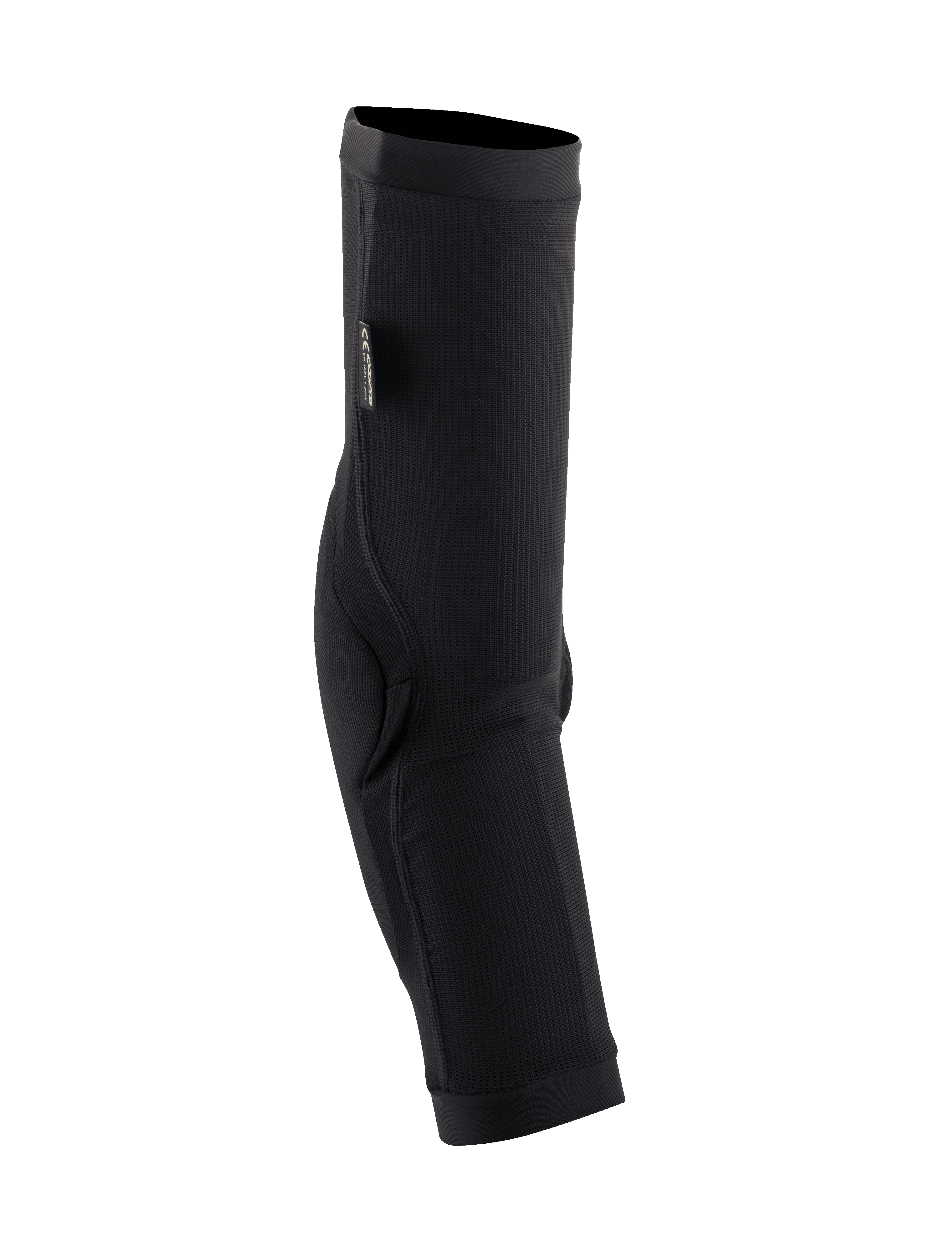 Alpinestars Paragon Plus Elbow Protectors, MTB Elbow Guards, Black, slip-on sleeve design featuring breathable mesh and reinforced elbow padding, CE certification tag, streamlined protective gear for mountain biking