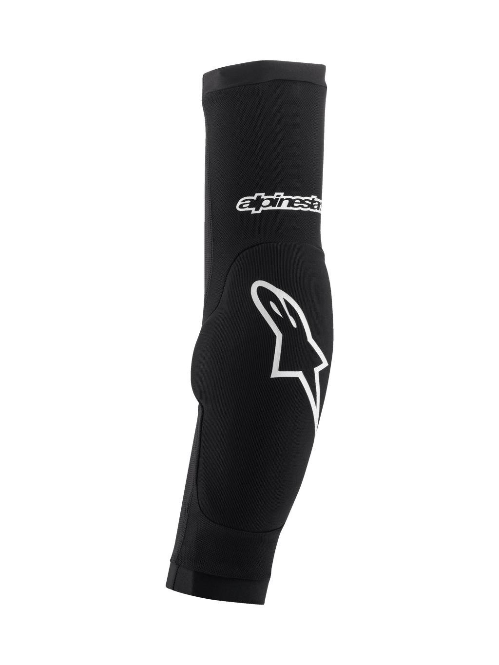 Alpinestars Paragon Plus Elbow Protectors, Black and White, MTB mountain biking protection, ergonomic curved sleeve design with white star logo, breathable stretch mesh with reinforced padding