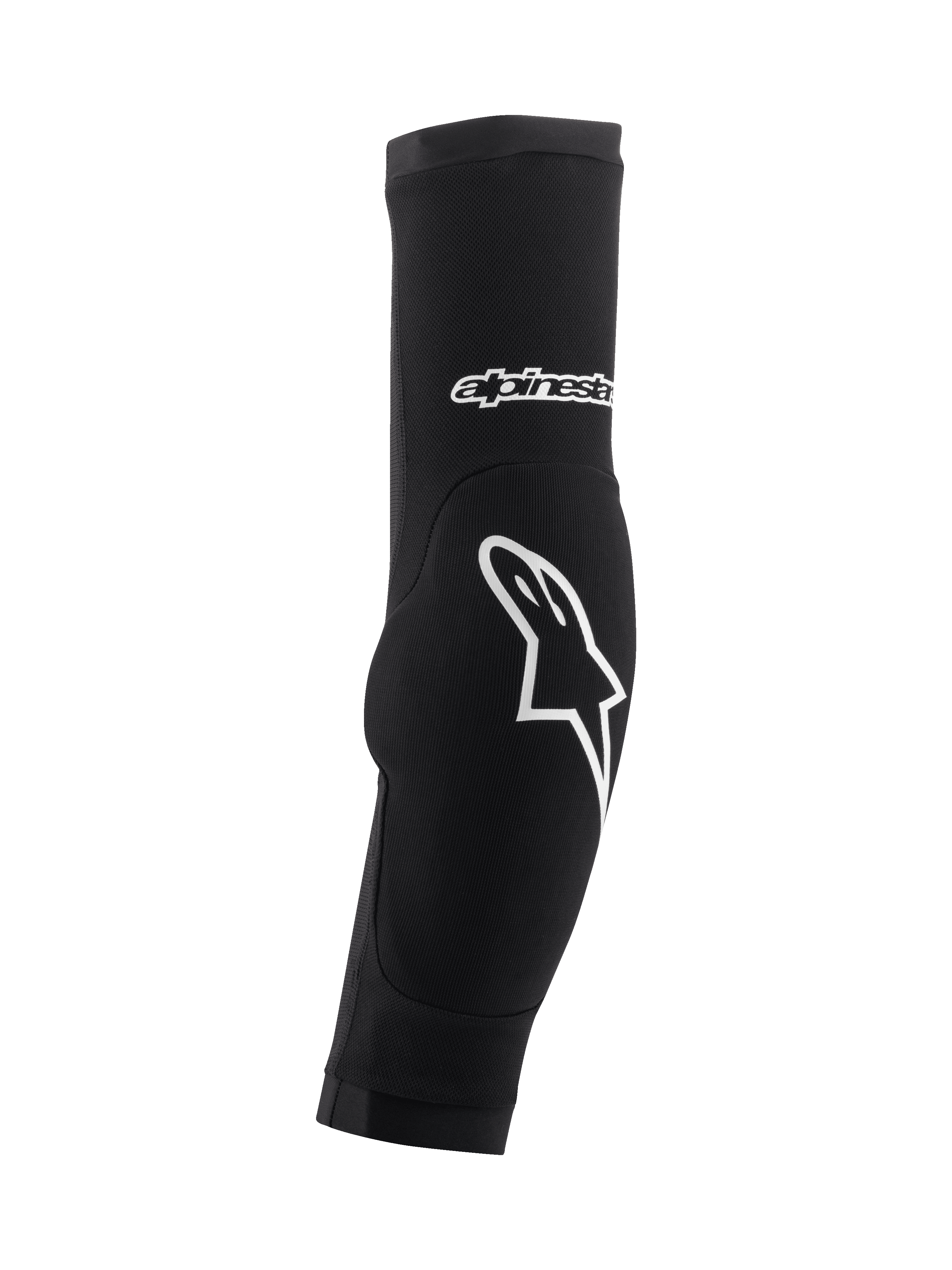 Alpinestars Paragon Plus Elbow Protectors, Black and White, MTB mountain biking protection, ergonomic curved sleeve design with white star logo, breathable stretch mesh with reinforced padding